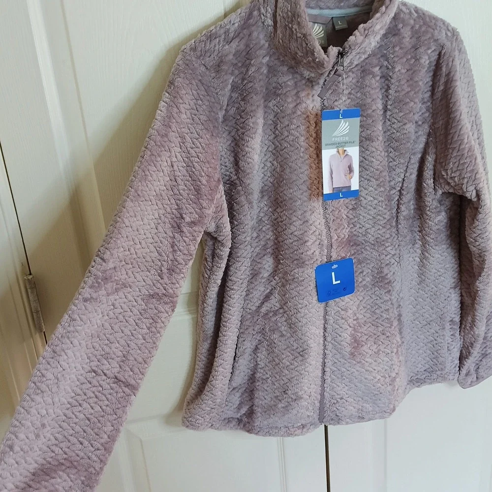 Free2B Braided Butter Pile Jacket Mauve Purple Faux Fur Fleece Full Zip Womens L